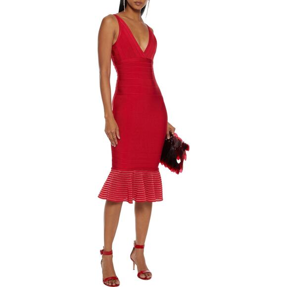 HERVÉ LÉGER Romantic Cocktail Metallic Trim Designer Bandage Midi Dress $1690